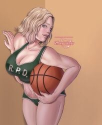 basketball_uniform big_breasts bilberrybear blonde_female blonde_hair grace_ashcroft holding_basketball pinup resident_evil_9:_requiem softcore thick_thighs