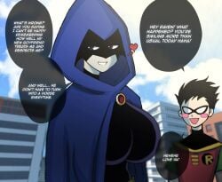 1boy 1girl after_sex bodysuit breasts cloak colored_skin commentary dc_comics dialog dialogue dick_grayson english_commentary eye_mask goth_fashion grey_skin highres large_breasts mask multicolored_bodysuit purple_cloak raven_(dc) raven_(teen_titans) robin_(dc) robin_(teen_titans) speech speech_bubble superhero_costume teen_titans theodyss theodyss_(xothdys) two-tone_bodysuit