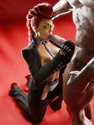 1boy 1girls 3d alternate_version_at_source big_breasts breasts brown_nipples capcom crimson_viper dark-skinned_female dark_skin erection fellatio female male nipples oral oral_sex penis pipesketcher3d red_hair street_fighter