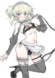 1boy 1femboy androgynous bikini blonde_hair blush blushing_at_viewer bob_cut bulge bulge_through_clothing collar crossdressing cupless_bra embarrassed femboy femboy_only feminine_faced_male feminine_male heels leash leash_and_collar lio_fotia looking_at_viewer maid maid_apron maid_bikini maid_headdress male_only nipples petite petite_body petite_male promare prprlo puffy_nipples short_hair short_male slim slim_male slim_waist solo solo_male stockings thick_thighs thigh_strap thighhighs thin_waist twink