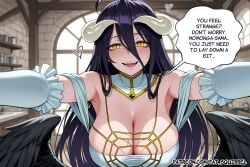 1girl ai_assisted ai_generated albedo_(overlord) english_text excited fatest_squirrel large_breasts open_mouth outstretched_arms overlord_(maruyama) reaching_towards_viewer slit_pupils smile yellow_eyes