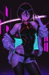 1girl 1girls artist_signature belt black_bodysuit black_hair bleach bleach:_the_thousand-year_blood_war bodysuit city cyberpunk:_edgerunners eyebrows female female_focus female_only hair_between_eyes hand_on_hip hands_behind_head high_resolution highres hips hot jacket jacket_open katana latex_bodysuit latex_clothing makeup nail_polish neon_lights pants pelvic_curtain petite petite_body petite_breasts petite_female prixmal purple_eyes purple_nails rukia_kuchiki sexy sexy_body sexy_female sexy_pose short_hair shorts smile smiling_at_viewer straight_hair thick_thighs