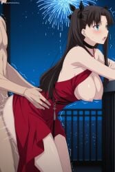 1boy 1girl ai_generated black_choker black_hair blue_eyes blush breasts breasts_out choker clothed_female_nude_male clothed_sex digitalwaifugallery dress fate/stay_night fireworks hair_ribbon hetero hi_res high_quality high_resolution large_breasts long_hair night nipples nude official_alternate_costume open_mouth patreon red_dress ribbon seductive sex sex_from_behind sexy solo_focus standing standing_sex tohsaka_rin torso_grab two_side_up uncensored watermark