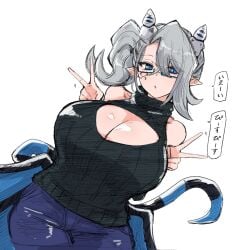 1girls :o arias_the_labrynth_butler blue_eyes boobs butler clothing demon demon_girl demon_horns duel_monster female female_only glasses hi_res konami looking_at_viewer maid open_mouth pants peace_sign pointy_ears ponytail pose safe simple_background solo sweater tkool_man v_sign white_hair wings younger_female yu-gi-oh!