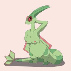 1:1 2026 abby_abra_(artist) absurd_res anthro areola breasts digital_drawing_(artwork) digital_media_(artwork) english_description female flygon generation_3_pokemon genitals green_body hand_behind_own_head hand_on_hip hand_on_own_head hand_on_own_hip hi_res looking_at_viewer markings nintendo nipples nude nude_female pink_areola pink_background pink_nipples pink_vulva pokemon pokemon_(species) pokemorph ring_(marking) ringed_tail simple_background smile solo standing striped_markings striped_tail stripes tail tail_markings vulva