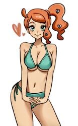 1girl aqua_bikini aqua_eyes aqua_nails big_breasts bikini blush breasts closed_mouth collarbone commentary_request cowboy_shot echizen_(n_fns17) eyelashes game_freak hair_ornament halterneck heart heart_hair_ornament highres interlocked_fingers large_breasts legs_apart long_hair navel nintendo orange_hair pokemon pokemon_ss pokemon_sword_and_shield pokemon_swsh side_ponytail simple_background smile solo sonia_(pokemon) striped_blush swimsuit underboob