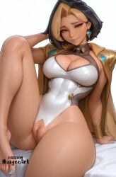 1girl ai_generated arm_support artist_name barefoot black_hair blizzard_entertainment blonde_hair breasts brown_eyes cleavage cleavage_cutout closed_mouth clothing_cutout covered_navel dangle_earrings dark-skinned_female dark_skin domina earrings explicit highleg highleg_leotard jewelry knee_up large_breasts leotard lips looking_at_viewer mole mole_on_breast multicolored_hair nail_polish nuageeart overwatch pubic_hair pussy short_hair simple_background sitting smile solo thighs toenail_polish toenails toes two-tone_hair uncensored white_background white_leotard