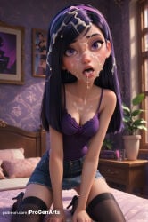 1girls after_fellatio ai_generated all_fours artist_name bare_shoulders bed bedroom black_footwear black_hair black_thighhighs blush breasts bukkake camisole cleavage collarbone cum cum_in_mouth cum_on_body cum_on_breasts cum_on_clothes cum_on_hair cum_on_tongue cumdrip denim denim_shorts denim_skirt disney facial female_human gumroad_username hairband hi_res high_heels indoors kneeling lips long_hair looking_at_viewer medium_breasts miniskirt nose on_bed open_mouth patreon_username pillow pixar plant potted_plant progenarts purple_eyes shorts skirt solo superhero superheroine swept_bangs the_incredibles the_incredibles_2 thighhighs tongue tongue_out violet_parr watermark web_address window younger_female