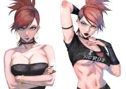 1girls 2d 2d_(artwork) abs all_black angry angry_expression angry_face arm_behind_head arms_up big_breasts black_lipstick blue_eyes boob_window breasts choker crop_top crossed_arms ear_piercing earrings exposed_midriff eyebrows eyelashes eyeliner female female_only fingerless_elbow_gloves foster's_home_for_imaginary_friends frankie_foster green_eyes hex_mamaniac huge_boobs huge_breasts lipstick makeup midriff midriff_baring_shirt nail_polish pierced_ears red_hair redhead redhead_female round_breasts simple_background solo_female tagme tits tongue_out underboob wristband