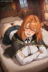 1girl ai_generated ass bangs blush book bookshelf breasts cape capelet colette_loire crossed_arms curtains hi_res high_quality high_resolution indoors jewelry long_hair long_sleeves looking_at_viewer open_mouth orange_hair patreon savvyraexo seductive sexy skirt smile solo table uncensored watermark window