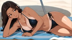 1girls beach bikini game_cg sunbathing tanned_female under_umbrella