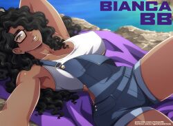 1girls 2d_(artwork) bianca_(ignitioncrisis) breasts brown_eyes clothing dark-skinned_female glasses ichan large_breasts looking_at_viewer thighs