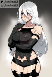 1girl a2_(nier:automata) ai_generated android arm_under_breasts armlet artist_name bare_shoulders black_gloves black_shorts black_thighhighs blue_eyes breasts closed_mouth clothing collarbone cowboy_shot elbow_gloves female gloves gradient_background hair_between_eyes jennieart02 joints large_breasts lips long_hair looking_to_the_side mole mole_under_mouth nier:_automata nier_(series) patreon patreon_logo patreon_username robot_joints short_shorts shorts solo standing steaming_body sweat tank_top thick_thighs thighhighs thighs torn_clothes twitter twitter_username watermark white_hair yorha_no.2_type_b
