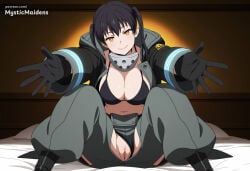 1girl ai_generated anime anime_style baggy_pants bikini bikini_bottom_aside black_bikini black_coat black_footwear black_gloves black_hair blush breasts cleavage closed_mouth clothing_aside coat en'en_no_shouboutai enen_no_shouboutai fire_force gloves grey_pants hentai hi_res hip_vent kotatsu_tamaki large_breasts long_hair long_sleeves looking_at_viewer mosaic_censoring mystic_maidens navel open_clothes open_coat orange_eyes outstretched_arms pants patreon patreon_username pussy sitting smile solo spread_legs swimsuit tamaki_kotatsu twintails web_address