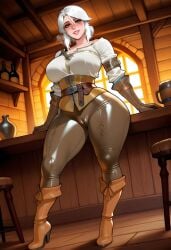 ai_generated big_breasts breasts cameltoe cd_projekt_red ciri clothing curvy_body curvy_female female green_eyes high_heel_boots light-skinned_female light_skin looking_at_viewer mascara pussy_visible_through_clothes scar smiling solo solo_female tavern the_witcher_(series) the_witcher_3:_wild_hunt white_hair wide_hips