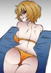 1girls big_ass big_boobs big_breasts bikini bikini_bottom brassiere busty cameltoe come_hither don_quixote_(limbus_company) eye_contact fat_ass female female_only fuck_me_eyes large_breasts lies limbus_company lying mattress naughty_face on_stomach pants pussy sexy_body sexy_female sexy_pose smile smiley_face