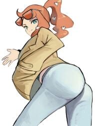 1girl aqua_eyes aqua_shirt ass black-framed_eyewear blue_jeans brown_coat coat denim denim_jeans eyewear_on_head game_freak hair_ornament heart heart_hair_ornament highres jeans long_hair midriff nintendo orange-tinted_eyewear orange_hair pants pokemon pokemon_ss pokemon_sword_and_shield pokemon_swsh ribbed_shirt shirt side_ponytail side_ponytail_with_hair_base smile solo sonia_(pokemon) sunglasses swept_bangs tikuwabu_33 tinted_eyewear