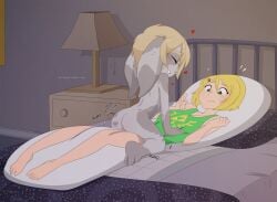 2017 asura bed bedroom blonde_hair detailed_background duo eyewear floppy_ears furniture glasses grinding guild_wars hair heart_symbol humping inanimate_transformation lamp magister_jezza male masturbation merunyaa nightstand pillow pillow_humping shortstack shortstack_male smile text transformation url
