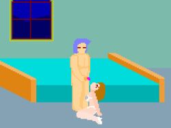 1boy 1girls 2d animated areolae bed big_breasts bikini blush breasts brown_eyes brown_hair cum cum_on_face cum_on_hair ejaculation facial female game_cg heels jermaneels kneeling mary_(sensual_quest) masturbation penis penis_on_hand pixel_animation pixel_art sensual_pleasure_2 sheets