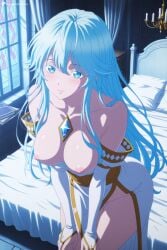 1girl ai_generated bare_shoulders bed blue_eyes blue_hair blush breasts breasts_out bridal_gauntlets candle candlelight candlestand closed_mouth collarbone colored_eyelashes digitalwaifugallery dress elfaria_albis_serfort hi_res high_quality high_resolution indoors jewelry large_breasts leaning_forward long_hair looking_at_viewer nipples no_panties on_bed patreon pillow seductive sexy solo uncensored watermark white_dress window