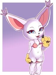 2026 anthro areola bandai_namco big_ears bikini biped black_nose blue_eyes breasts claws clothing digimon digimon_(species) ear_tuft female fieryfur front_view fur gatomon genitals gloves handwear hi_res humanoid_genitalia humanoid_vulva mostly_nude navel nipples open_mouth presenting simple_background small_breasts solo standing swimwear teeth tongue tuft two-piece_swimsuit vulva white_body white_fur