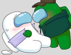ambiguous_gender among_us among_us_(series) blush blush_lines blushing_profusely brown_hat disembodied_hands green_(among_us) green_body green_hoodie purple_shirt sweatdrop white_(among_us)