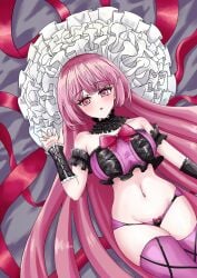 1girls accessories ariesaguni bed belly_button big_breasts blush breasts cute eyebrows_visible_through_hair female female_only light-skinned_female light_skin on_bed original panties pink_eyes pink_hair pink_panties solo