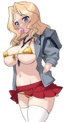 1girls 2026 2d bikini bikini_bottom blonde_female blonde_hair blue_eyes blush bursting_breasts chewing_gum female female_only gigantic_ass gigantic_breasts gigantic_butt gigantic_thighs girls_und_panzer gold_bikini gum huge_ass huge_breasts huge_butt huge_thighs kay_(girls_und_panzer) kuzuryuu_kennosuke looking_at_viewer saunders_school_uniform school_uniform schoolgirl white_background wide_hips