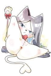 2025 absurd_res anthro anus artist_name black_hair blue_eyes blush butt censored dated domestic_cat eyelashes felid feline felis female fur genitals go!_princess_precure hair heart_censor heart_symbol hi_res kemono mammal miss_shamour nanaeljustice presenting presenting_hindquarters pretty_cure red_bow simple_background solo spread_legs spreading tail text toei_animation vulva wand white_body white_fur