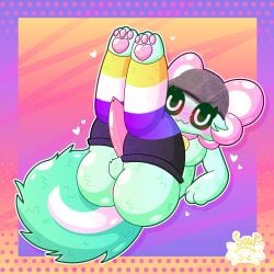 1:1 absurd_res amphibian anthro anus aquatic axolotl axolotl_tail balls big_butt blep blush blush_lines breasts bubble_butt butt cloacal_penis clothing collar collar_tag digitigrade eyelashes feet_up felid feline fluffy fluffy_balls fluffy_tail fur genitals gills glistening green_body green_fur gynomorph heart_symbol hi_res intersex leg_warmers legs_up legwear lgbt_pride lgbt_pride_month mammal mole_salamander nonbinary_(lore) nonbinary_pride_colors one_eye_closed pawpads paws penis pink_collar pink_gills pink_pawpads pink_paws pixl_(pixltheaxolotl) pixltheaxolotl presenting presenting_hindquarters pride_colors salamander signature solo suggestive suggestive_pose tail thigh_highs tongue tongue_out uwu vibrant_background