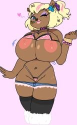 1girl 2d_(artwork) anthro aqua_nails areola beads bear bear_girl big_areola big_breasts blonde_hair blue_eyes bra bra_lift breasts brown_fur cassettedream choker cleavage closed_mouth clothes_pull clothing dark-skinned_female dark_skin digital_media_(artwork) dream-cassette earrings eyeshadow female flower flower_in_hair furry furry_female ganguro gyaru hair_ornament hairclip hoshime huge_breasts large_areolae large_breasts leopard_print leopard_print_bikini leopard_print_thong lips looking_at_viewer micro_bikini micro_panties multicolored_hair nail_polish nipples nose_piercing nose_ring one_eye_closed panties pink_bikini pink_nails pink_panties purple_background purple_scrunchie short_hair simple_background smile snout solo thick_thighs thighhighs thong wide_hips