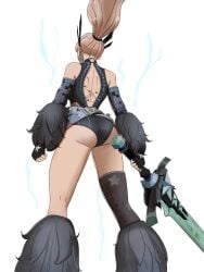1girls ass back back_view belt black_gloves blonde blonde_hair clothing_cutout earrings fur_gloves gloves hair_ornament illyana_rasputin jewelry leotard light-skinned_female light_skin long_hair magik's_crown magik_(illyana_rasputin) magik_(infernal_idol) magik_(marvel_rivals) marvel marvel_rivals milessart mutant_(marvel) official_alternate_costume official_alternate_hairstyle ponytail russian_female solo thighhighs thighs