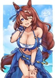 1girl animal_ears bare_shoulders big_breasts bikini blue_bikini blue_bow blue_eyes blue_sarong blue_sky blue_wrist_cuffs bow braid breasts brown_hair cleavage collarbone commentary cygames ear_bow english_commentary hair_between_eyes highres horse_ears horse_girl horse_tail large_breasts leaning_forward long_hair looking_at_viewer multicolored_hair navel ocean one_eye_closed open_mouth rotomdocs sarong sky smile solo stomach streaked_hair super_creek_(murmuring_stream)_(umamusume) super_creek_(umamusume) swimsuit tail teeth umamusume umamusume_pretty_derby very_long_hair water white_hair wrist_cuffs