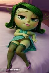 1girls ai_generated bed chibi chinese_clothes clothes_lift colored_skin disgust_(inside_out) disney dress dress_lift female_human full_body green_dress green_eyes green_hair green_skin hi_res high_heels indoors inside_out inside_out_2 lifted_by_self looking_at_viewer lying no_panties on_back on_bed pixar progenarts purple_footwear pussy sleeveless sleeveless_dress smile solo thighhighs uncensored