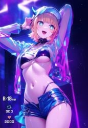 1girls ai ai_generated anime anime_character arms artist_name artist_request bikini blonde_hair blue_eyes blue_jeans bra breasts colorful colorful_background dark_background demon_horns female female_only hands hands_above_head hat head hi_res highres horns horny hot jacket jeans jewelry legs light_skin manga memcho mikitoon open_mouth oshi_no_ko purple_background rainbow_jacket sexy sharp_teeth stars white_skin