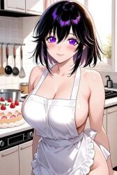 ai_generated apron bishoujo_senshi_sailor_moon black_hair cake hotaru_tomoe medium_hair naked naked_female purple_eyes sailor_saturn strawberry_cake white_apron