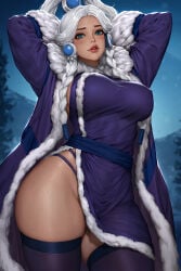 avatar_the_last_airbender blue_eyes breasts brown-skinned_female coat covered_erect_nipples dark-skinned_female dark_skin female female_focus female_only fur_coat fur_trim highres huge_breasts looking_at_viewer neoartcore paid_reward_available panties panty_peek panty_straps side_slit solo solo_female solo_focus thighs underwear white_hair yue