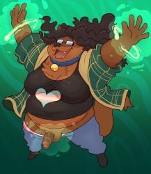anthro balls belly breasts domestic_cat felid feline felis female fur genitals hair haxsmack hi_res humanoid_genitalia lgbt_pride magic mammal ophelia_(sona) overweight overweight_anthro overweight_female penis pride_colors simple_background solo tail trans_(lore) trans_woman_(lore) transformation