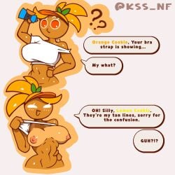 1boy 1girls artist_name belly bottomless braless casual_exposure cookie_run cookie_run_kingdom cookie_run_ovenbreak dialogue flashing flashing_breasts hat kss_nf lemon_cookie meme orange_cookie shirt shirt_lift talking_to_another tan_lines tanned_skin text_bubble twitter_username unseen_male