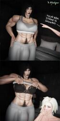 3d angela_ziegler bra bulge bulge_through_clothing fareeha_amari female futanari hairy lifting_bra mercy muscular_futa navel_piercing overwatch pharah pubic_hair septum_piercing sports_bra yeetiques