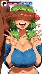 1boy 1girl 1girls 2026 ai_generated artist_name boobs breasts bust caroline_(stardew_valley) chest cock covered_nipples dark-skinned_male dark_skin dick double_v double_w electroworld erection green_eyes green_hair head_out_of_frame heart hetero hi_res high_quality high_resolution highres huge_penis interracial large_penis mosaic_censoring navel patreon patreon_username penis penis_awe penis_on_face precum stable_diffusion stardew_valley testicles tits tongue tongue_out trembling twintails twitching_penis uncensored v veins veiny_penis w watermark
