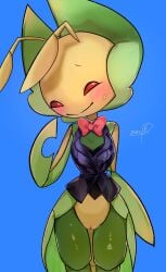 2026 antennae_(anatomy) anthro arthropod biped blue_background blush blush_lines bottomless bottomless_anthro bottomless_female bow_tie clothed clothed_anthro clothed_female clothing cuffs_(clothing) digital_drawing_(artwork) digital_media_(artwork) female female_anthro front_view generation_5_pokemon genitals glistening glistening_body green_body hi_res innie_vulva kinokonunko leavanny looking_at_viewer multicolored_body nintendo plump_labia pokemon pokemon_(species) pose red_eyes shaded signature simple_background slim slim_anthro slim_female soft_shading solo topwear two_tone_body vest vulva yellow_body