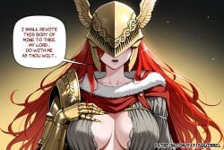 1girl ai_assisted ai_generated armor elden_ring english_text fatest_squirrel hand_on_own_chest helmet large_breasts malenia_blade_of_miquella open_mouth