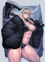 1girl abs axe battle_axe black_coat black_gloves black_hairband blonde_hair breasts coat cropped_legs fur_coat gloves hairband large_breasts long_hair muscular muscular_female muscular_legs original original_character over_shoulder purple_eyes solo standing takebouzu thick_thighs thighs warrior weapon weapon_over_shoulder