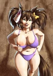 1girls animal_ears bikini bikini_pull brown_hair clothes_pull fang feet_out_of_frame from_above green_eyes hairbow hand_on_hip horse_ears horse_girl horse_tail inari_one_(umamusume) large_breasts mask mask_on_head navel nipple_slip open_mouth purple_bikini sole_female solo spookoarts standing tail twintails umamusume yellow_bow