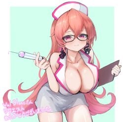 1girls breasts cleavage clothed clothing earrings female female_only glasses hat huge_breasts light-skinned_female light_skin notepad nurse_cap nurse_uniform phase_connect phase_euphoria pink_eyes pink_hair runie_ruse solo uniform virtual_youtuber