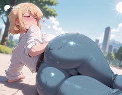 1girl 1girls absurd_res absurdres ai_generated arm_support ass ass_focus belt big_ass big_breasts blonde_hair blue_pants blue_sky blurred_background blurry blurry_background blush breasts building cameltoe cartoon cartoony cha_hae-in cha_hae_in closed_mouth cloud day denim depth_of_field female female_focus from_behind heart heart-shaped_pupils hi_res high_quality high_resolution highres huge_ass jeans large_ass large_breasts looking_at_viewer looking_back lying odexai on_side one_eye_closed outdoors pants pantylines purple_eyes shirt short_hair sky sleeves_rolled_up small_waist solo solo_focus solo_leveling straight sun sweat symbol-shaped_pupils thick_thighs thighs thin_waist tight_clothes tree wet wet_clothes wet_shirt white_shirt wide_hips