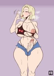 1girls 2026 2d android_18 artist_logo blonde_hair blowjob_gesture booty_shorts commission cyborg dragon_ball dragon_ball_z futanari ilustretsspoks nipple_slip showing_nipple sweat sweaty tagme topwear
