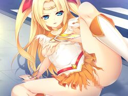 arm_support ass blonde_hair censored character_request collarbone diadem female gakuen_sei_senshi_sailor_knight_2:_seigi_no_heroine_kanzen_akuochi_manual game_cg hairbow long_hair looking_at_viewer magical_girl nipples orange_skirt sakura_romako school_uniform solo straight_hair tied_hair torn_clothes twintails underboob