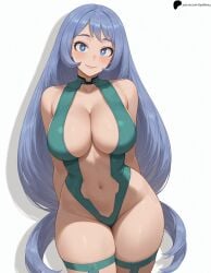 1girl 1girls ai_generated armpit_crease arms_behind_back bare_shoulders blue_eyes blue_hair blush boku_no_hero_academia breasts closed_mouth collarbone curvy hadou_nejire hi_res high_quality high_resolution highres large_breasts legs_together light looking_at_viewer my_hero_academia navel nejire_hado nose opal_nemy patreon_logo patreon_url patreon_username plain_background self_upload shadow shiny shiny_clothes shiny_hair shiny_skin simple_background smile solo standing thick_thighs thighs very_long_hair watermark white_background